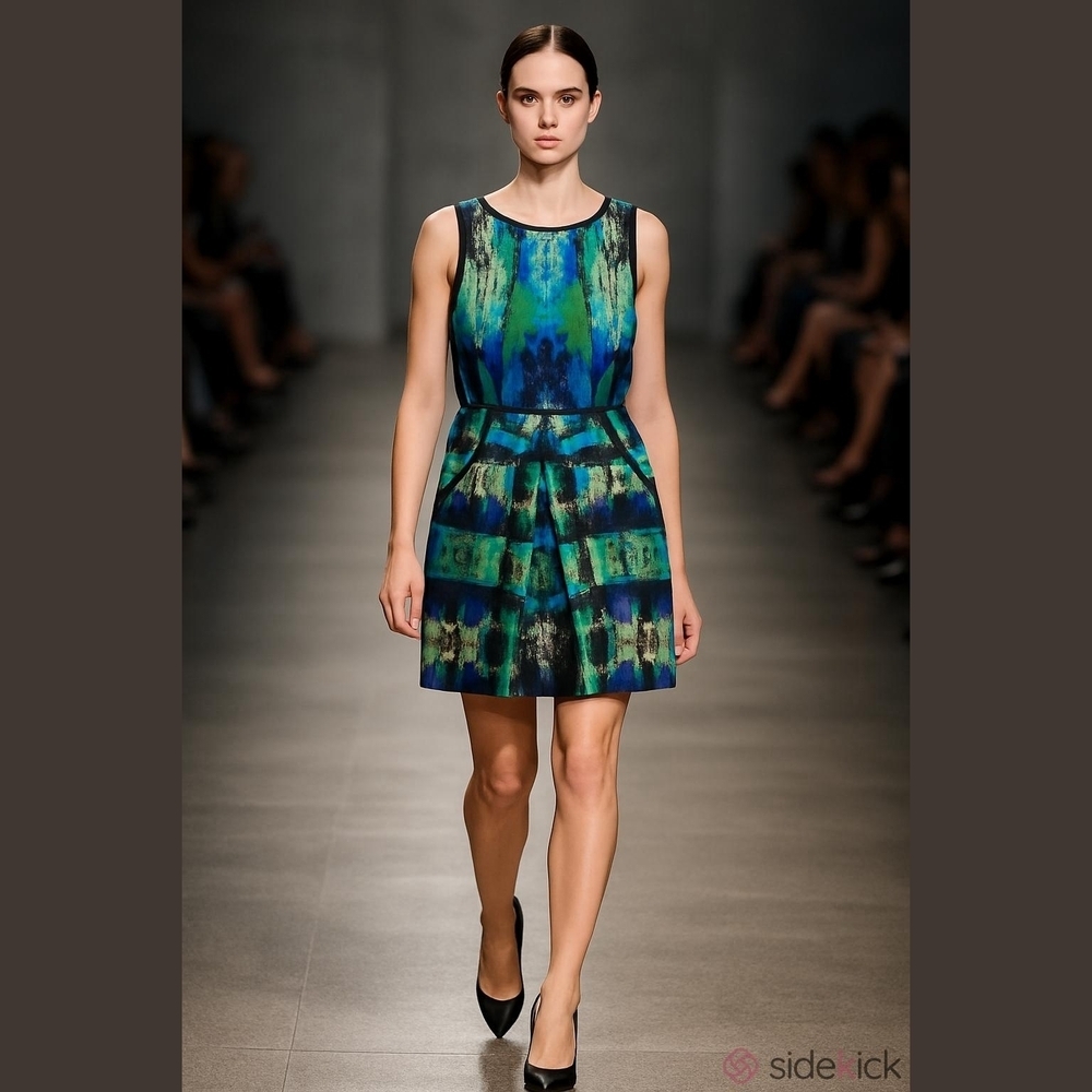 Laundry By Shelli Segal Silk Blue and Green Patterned Dress US 12